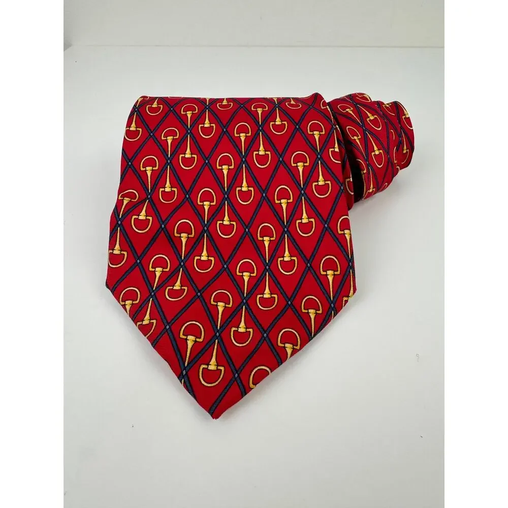 Vintage Paolo GUCCI Red Gold Horsebit Diamond Print Business Work Career Tie